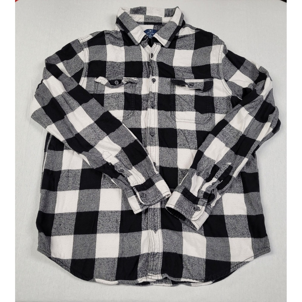 George Men's Long Sleeve Flannel Shirt Black White Buffalo Plaid Size XLT